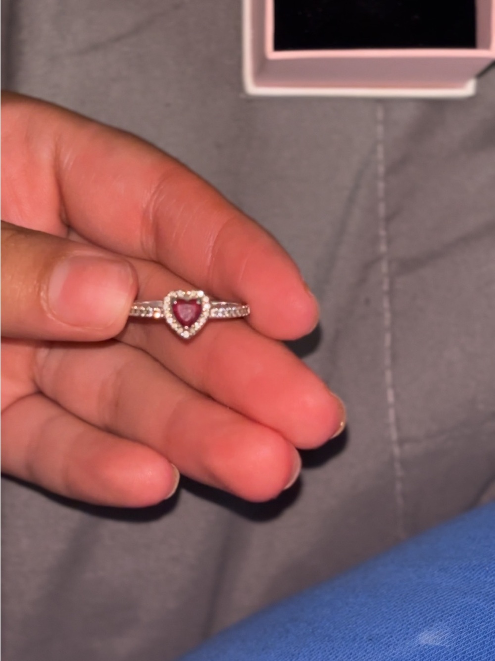 Pandora Silver Ring with Pink Heart Center and Halo - Picture 3 of 3